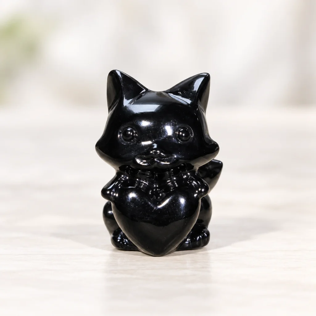 polished black obsidian fox crystal carving centered on a light minimalist tabletop