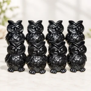 polished black obsidian owl crystal carvings arranged on a light minimalist tabletop