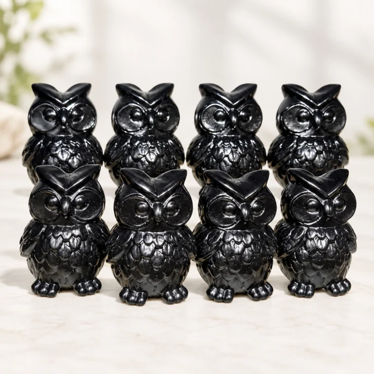 polished black obsidian owl crystal carvings arranged on a light minimalist tabletop