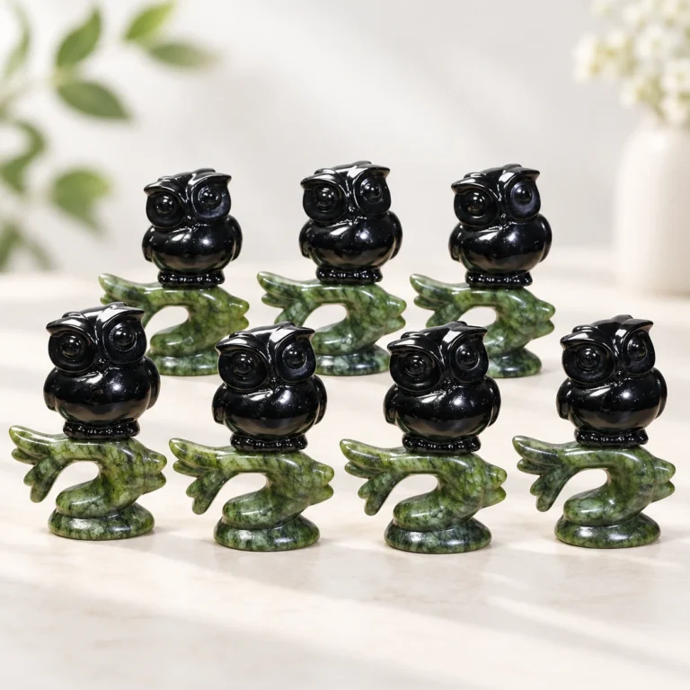 Black Obsidian Owl on Branch Crystal Carving