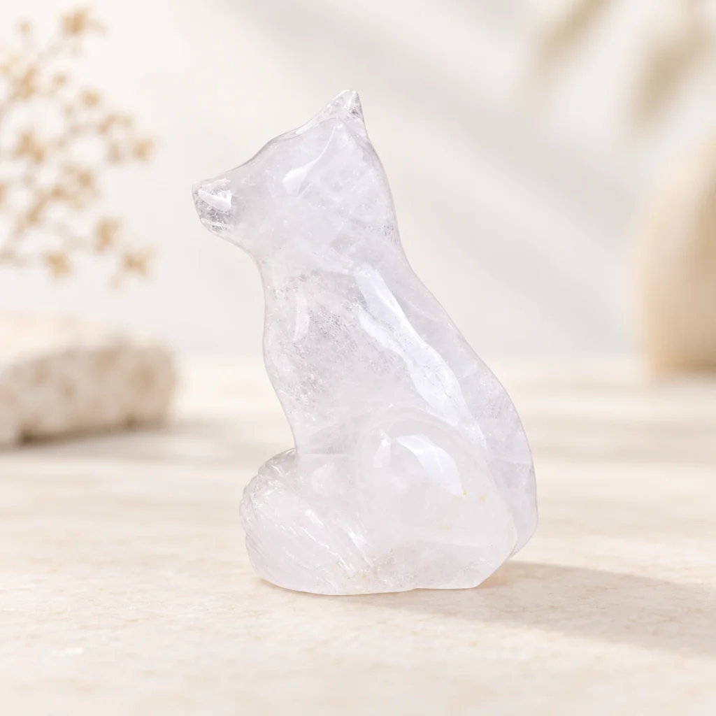 clear quartz wolf dog crystal carving with translucent natural inclusions on a light minimalist tabletop