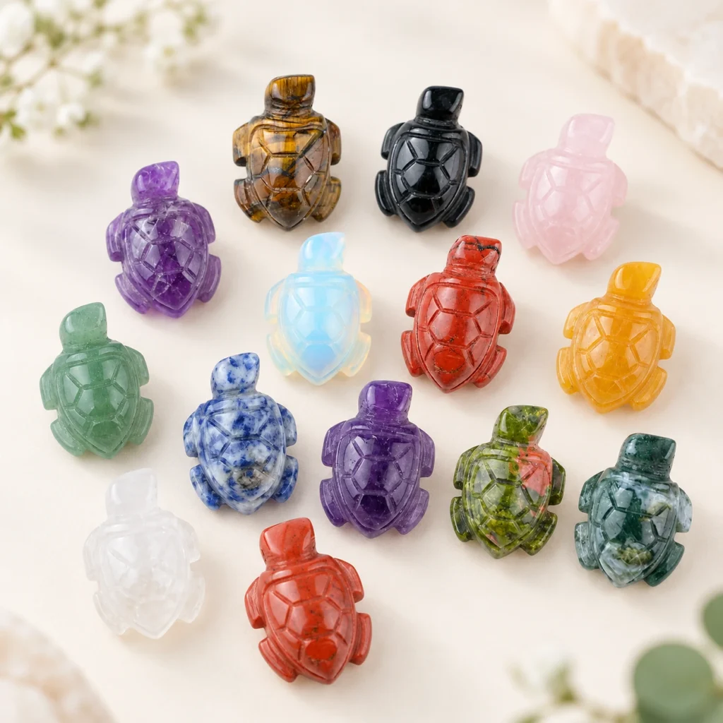 assorted natural crystal turtle carvings in polished gemstone colors on a light minimalist tabletop