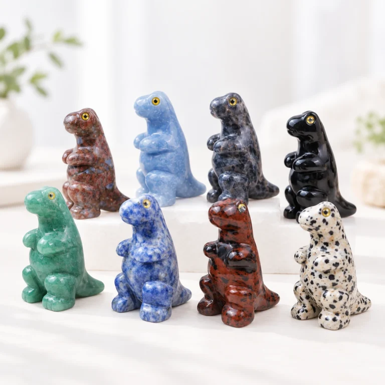assorted natural crystal dinosaur carvings in multiple polished stone colors on a light minimalist tabletop