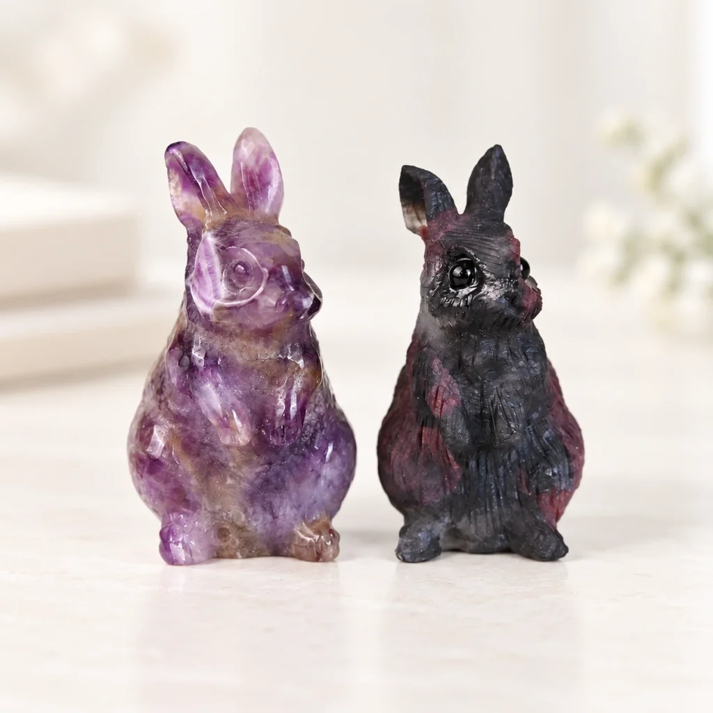 dream purple garnet rabbit crystal carvings with polished purple and dark natural stone textures on a light minimalist tabletop