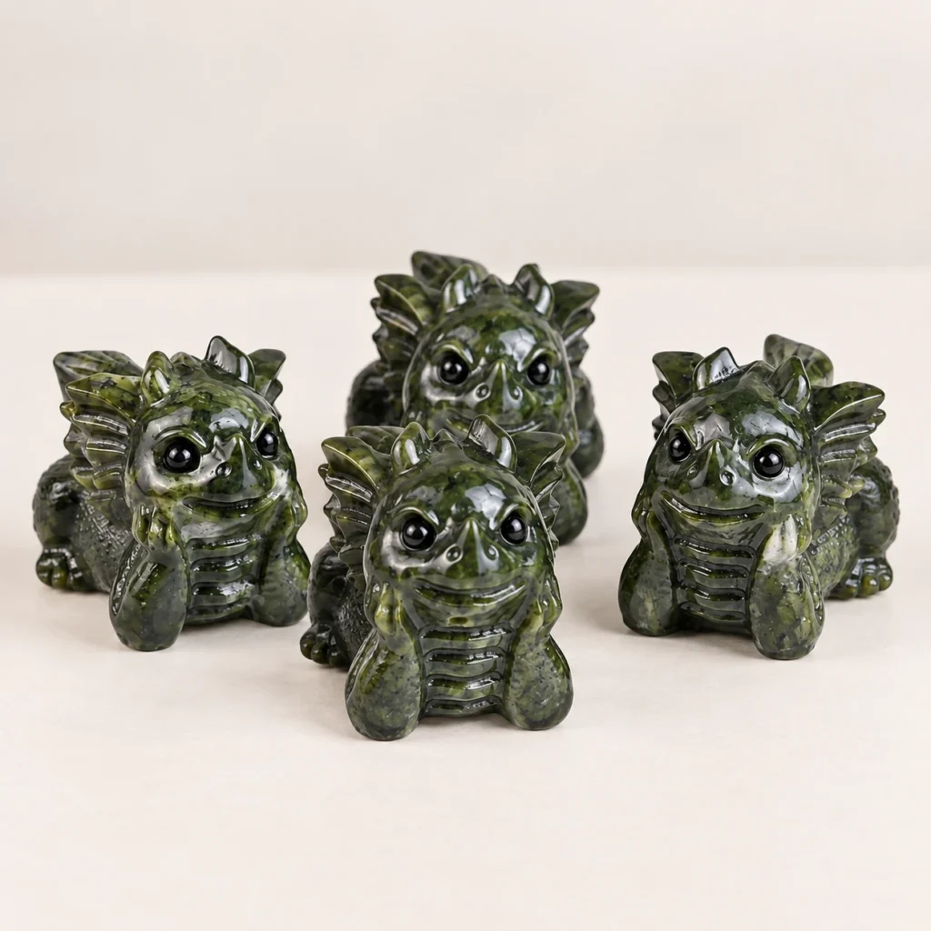 Green jade baby dragon crystal carvings with carved spikes and round eyes on a light minimalist tabletop