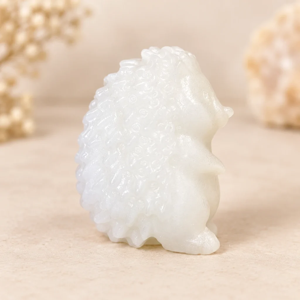 Milky white hedgehog crystal carving with textured spines on a light minimalist tabletop
