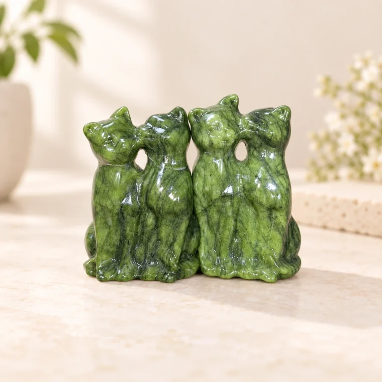 Green natural stone kissing cat crystal carving on a light minimalist tabletop