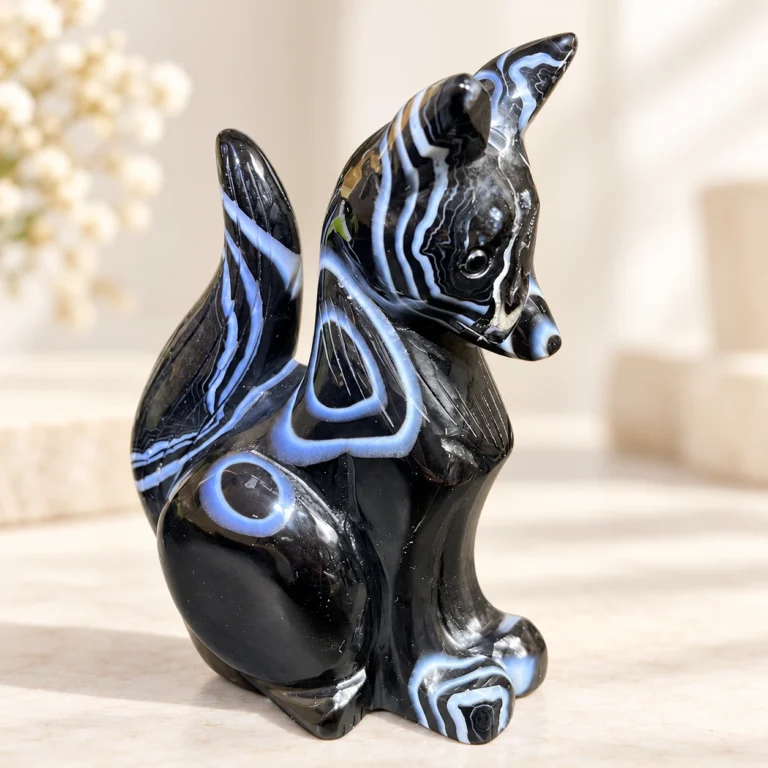 Black banded stone abstract fox crystal carving on a light minimalist tabletop