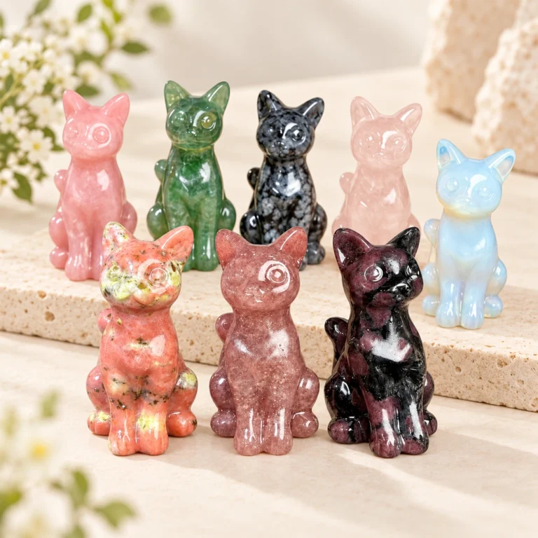 Assorted mixed material cat crystal carvings arranged on a light minimalist tabletop