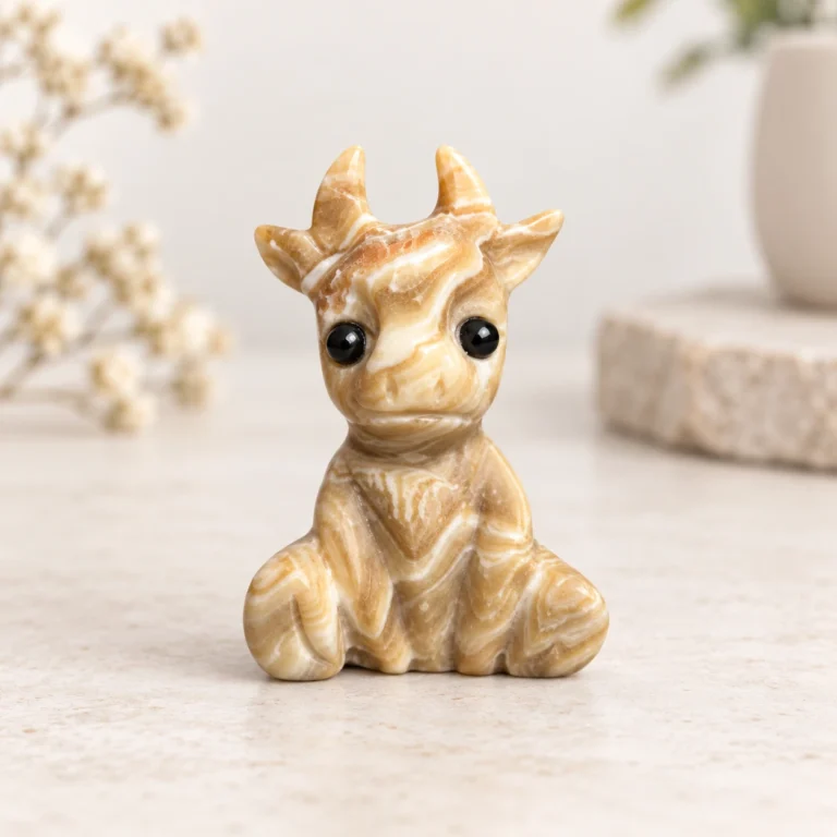 Mixed material cow crystal carving in warm beige banded stone on a light minimalist tabletop