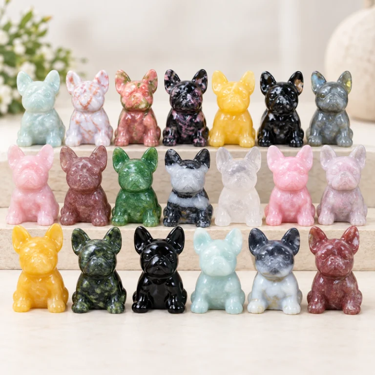 Assorted mixed material French bulldog crystal carvings displayed in rows on a light minimalist tabletop