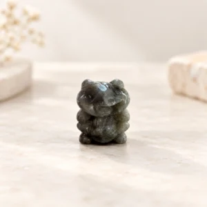 Mixed material frog crystal carving in dark natural stone on a light minimalist tabletop