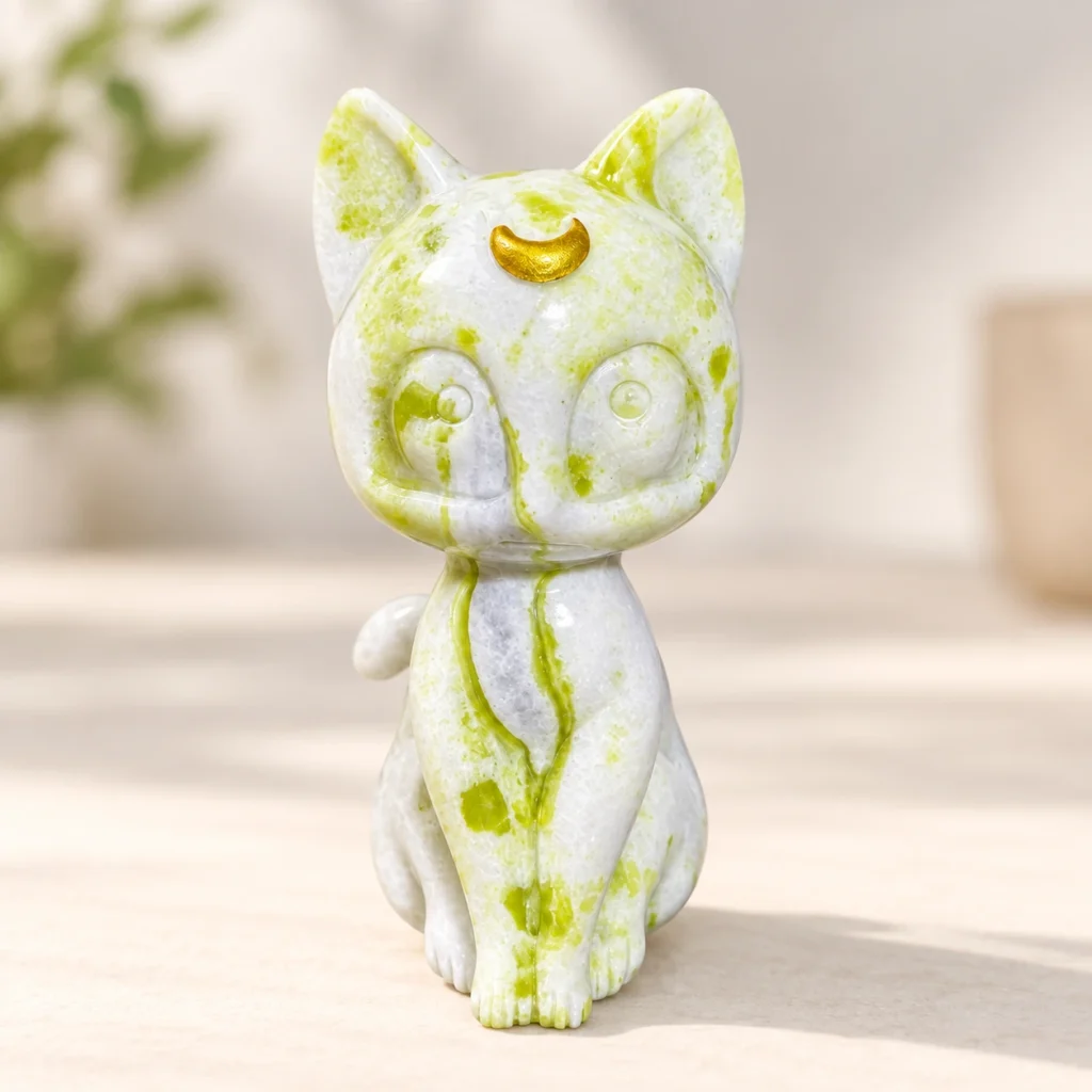 Mixed Material Moon Cat Crystal Carving on a light minimalist tabletop background
