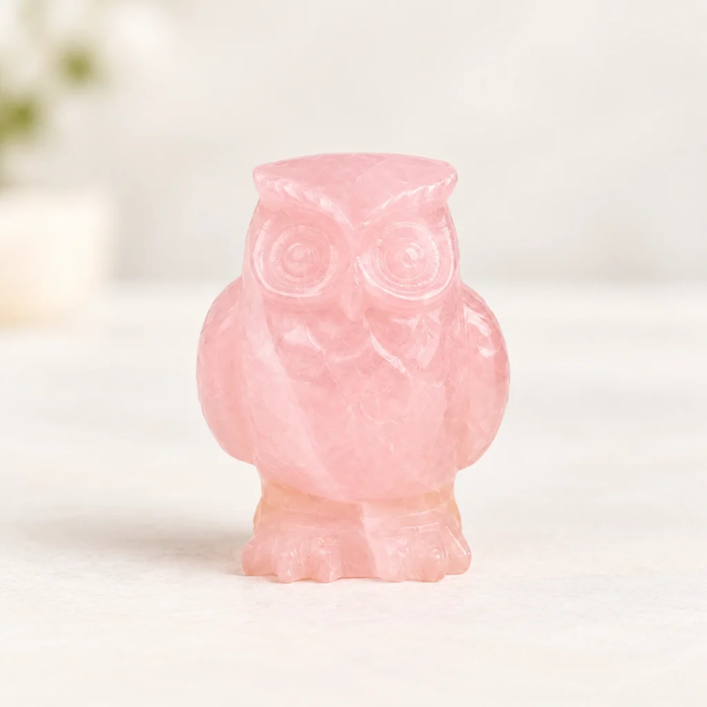 Mixed Material Owl Crystal Carving on a light minimalist tabletop background
