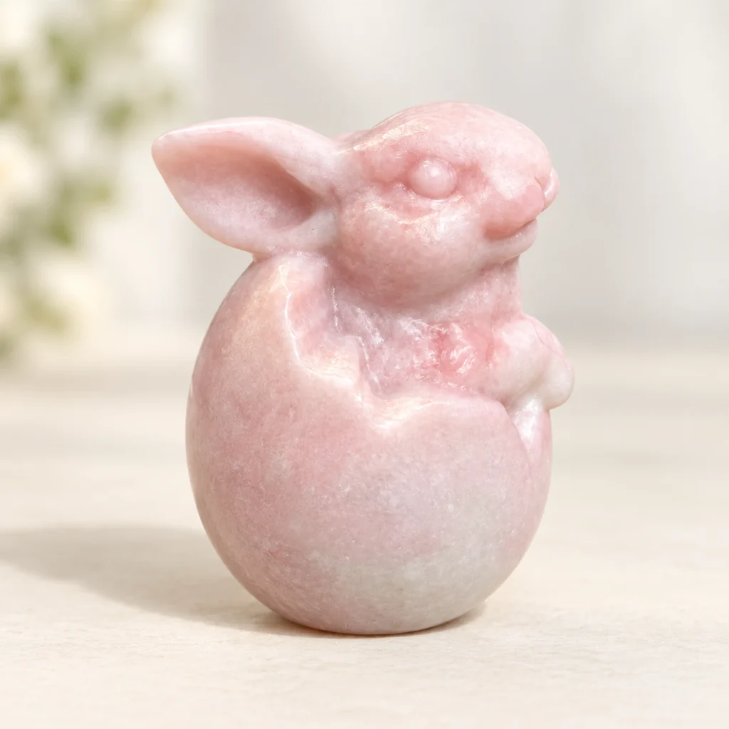 Mixed Material Rabbit Egg Crystal Carving on a light minimalist tabletop background