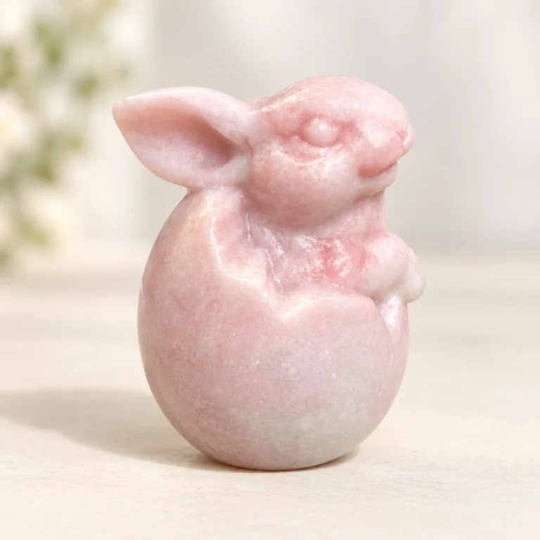 Mixed Material Rabbit Egg Crystal Carving on a light minimalist tabletop background
