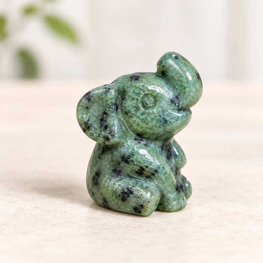 Mixed Material Sitting Elephant Crystal Carving on a light minimalist tabletop background