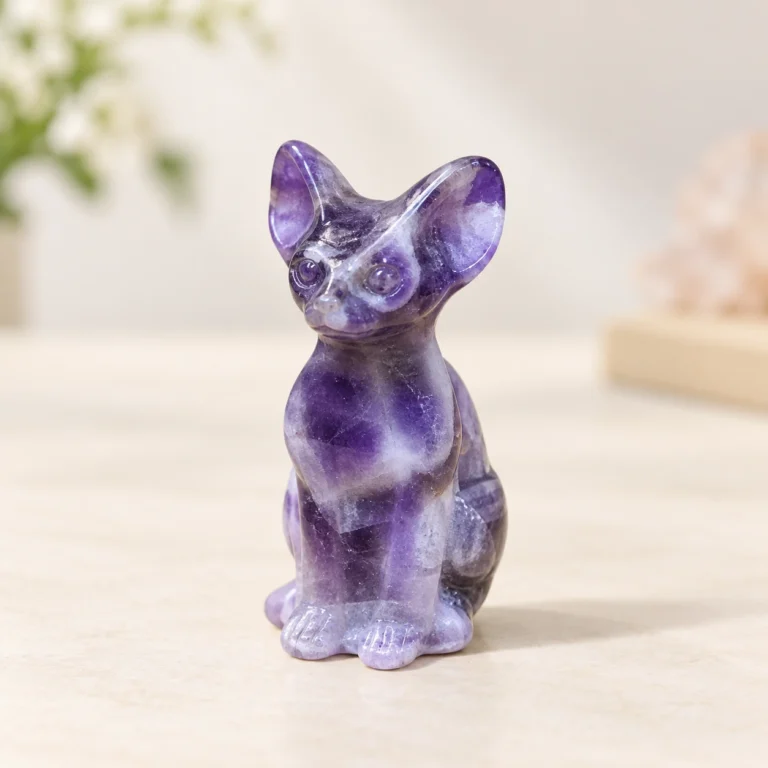 Mixed Sphynx Cat Crystal Carvings on a light minimalist tabletop background