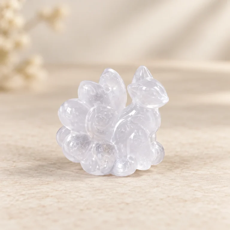 Nine Tailed Fox Crystal Carving on a light minimalist tabletop background