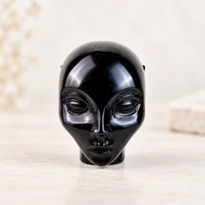 Obsidian Alien Head Crystal Carving on a light minimalist tabletop background