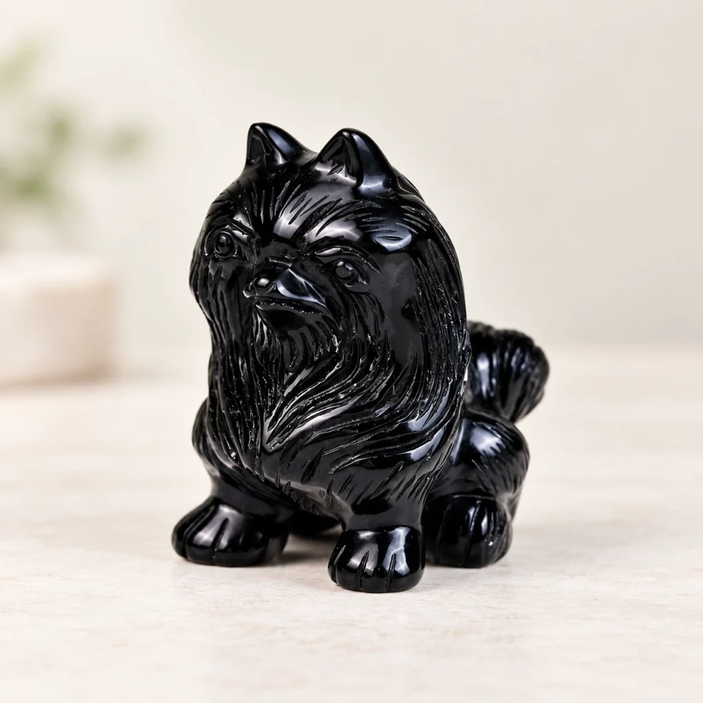 Obsidian Guardian Lion Crystal Carving on a light minimalist tabletop background