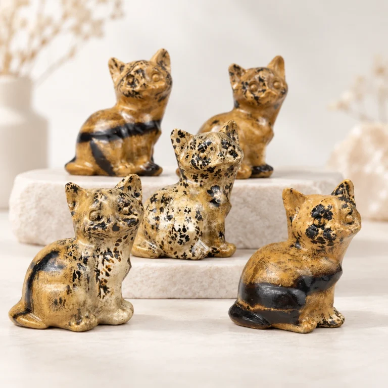 Picture jasper cat crystal carvings with tan cream and black natural patterns on a light tabletop