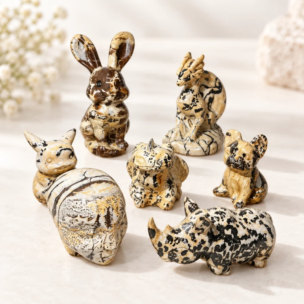 Assorted picture jasper mini animal crystal carvings with natural tan cream and black patterns