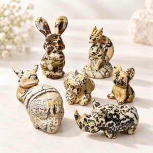 Assorted picture jasper mini animal crystal carvings with natural tan cream and black patterns