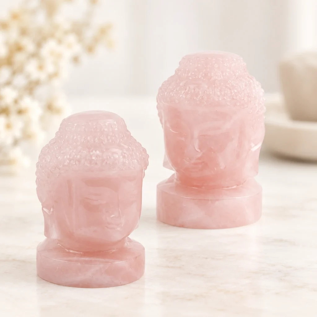 Pair of rose quartz Buddha head crystal carvings in soft translucent pink on a light minimalist tabletop