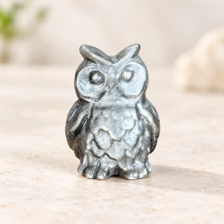 Silver Sheen Obsidian Owl Crystal Carving