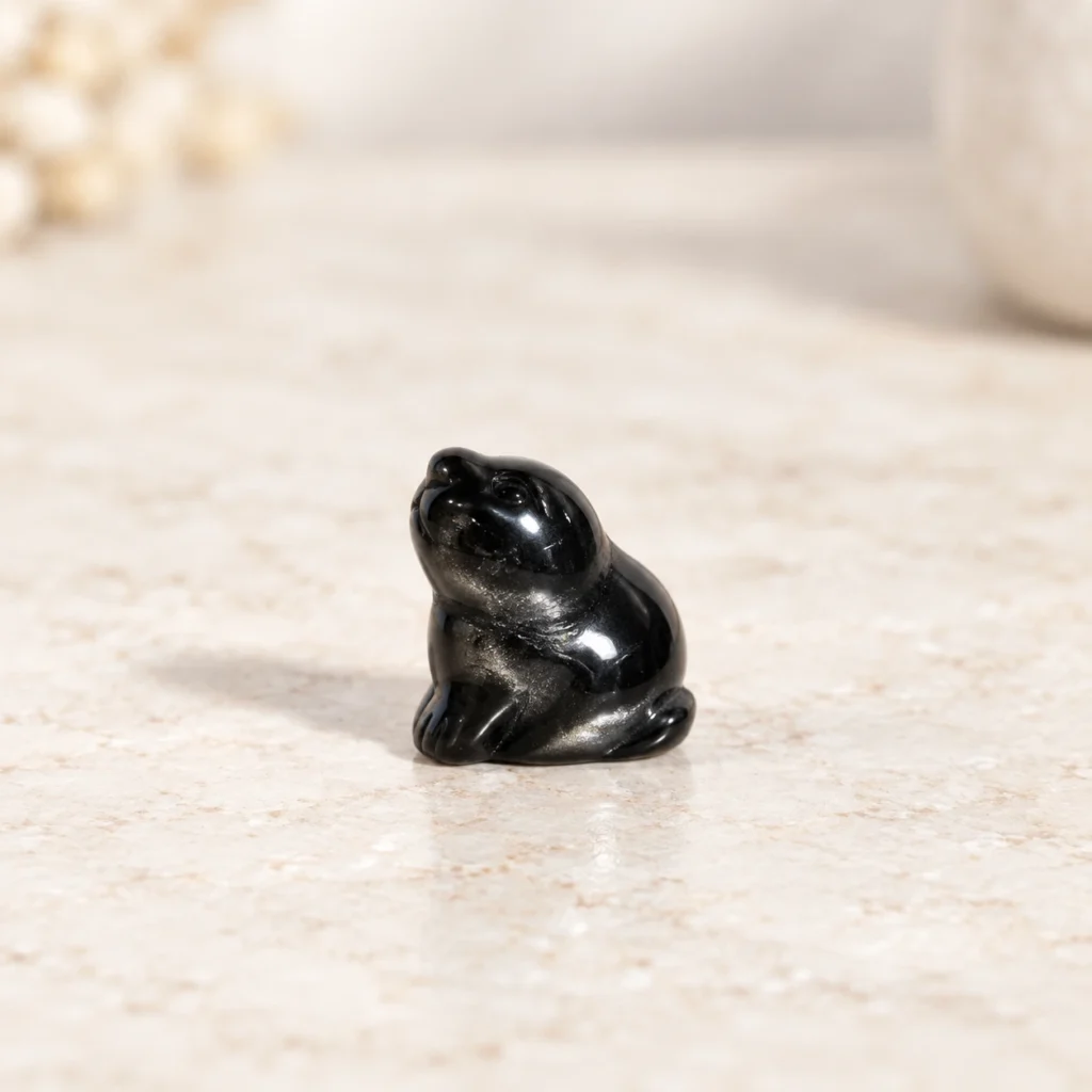 Small silver sheen obsidian sitting seal crystal carving on a light minimalist tabletop