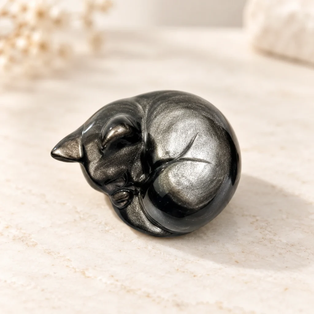Silver sheen obsidian sleeping cat crystal carving curled into a ball on a light minimalist tabletop