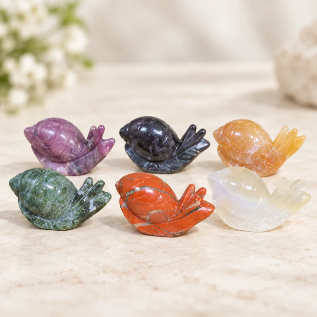 Assorted natural crystal snail carvings in green red purple orange black and white on a light minimalist tabletop