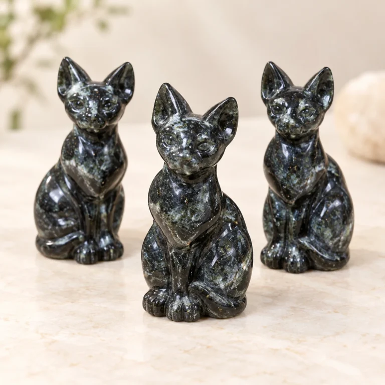 Three dark natural stone Sphynx cat crystal carvings arranged on a light minimalist tabletop