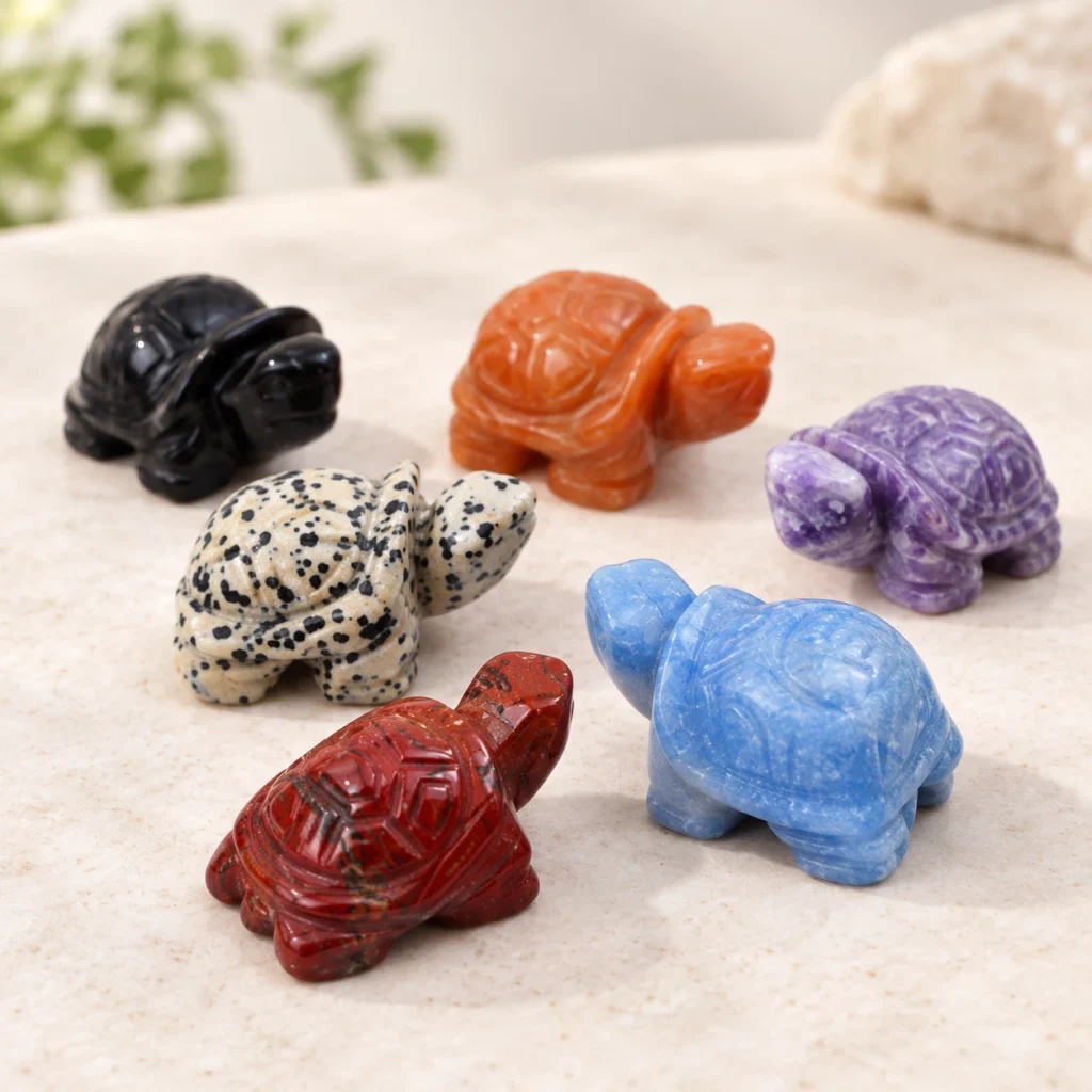 Assorted natural crystal turtle carvings in multiple stone colors on a light minimalist tabletop