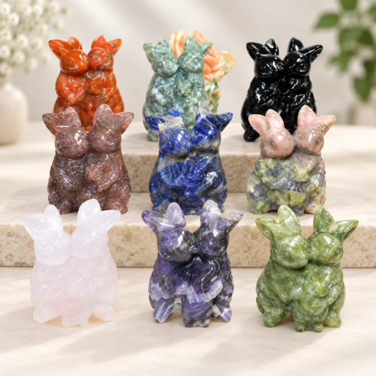 Assorted twin rabbits crystal carvings in multiple natural stone colors arranged on a light minimalist tabletop