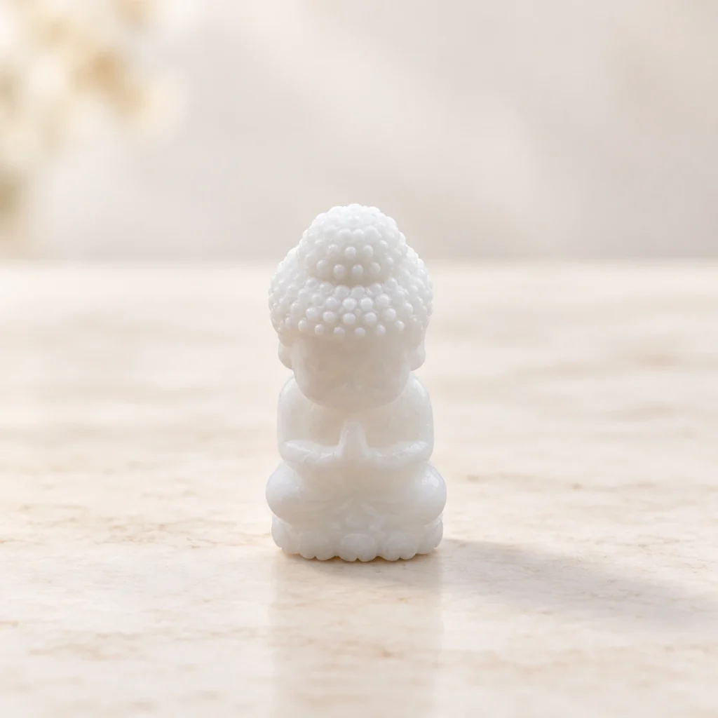 White marble baby Buddha crystal carving in a seated prayer pose on a light minimalist tabletop