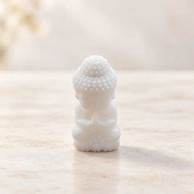 White marble baby Buddha crystal carving in a seated prayer pose on a light minimalist tabletop