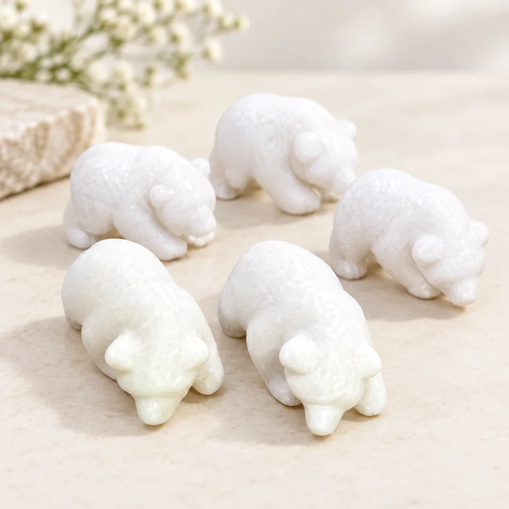 Group of white marble bear animal crystal carvings arranged on a light minimalist tabletop