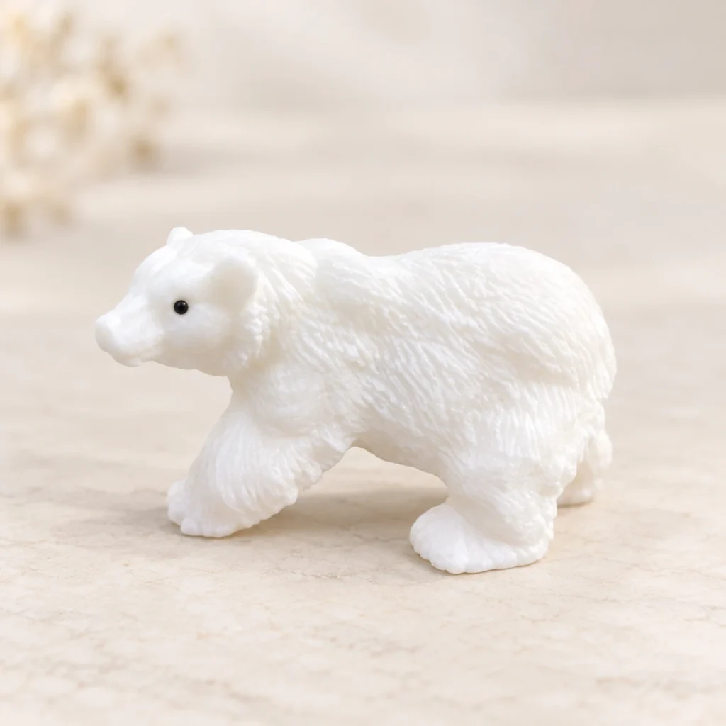 White marble bear crystal carving in a walking pose on a light minimalist tabletop