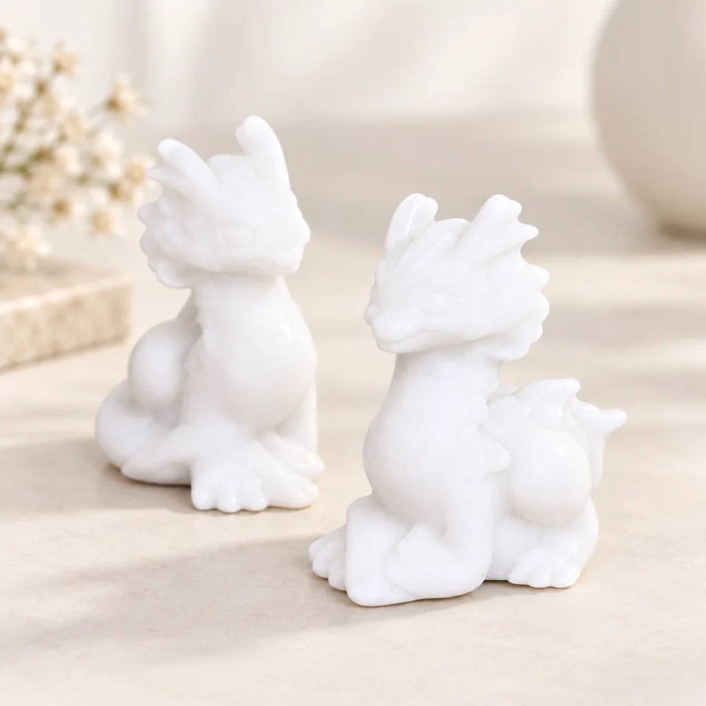 Pair of white marble dragon crystal carvings arranged on a light minimalist tabletop