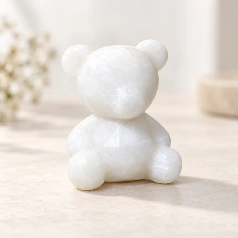 White marble faceless bear crystal carving in a seated pose on a light minimalist tabletop