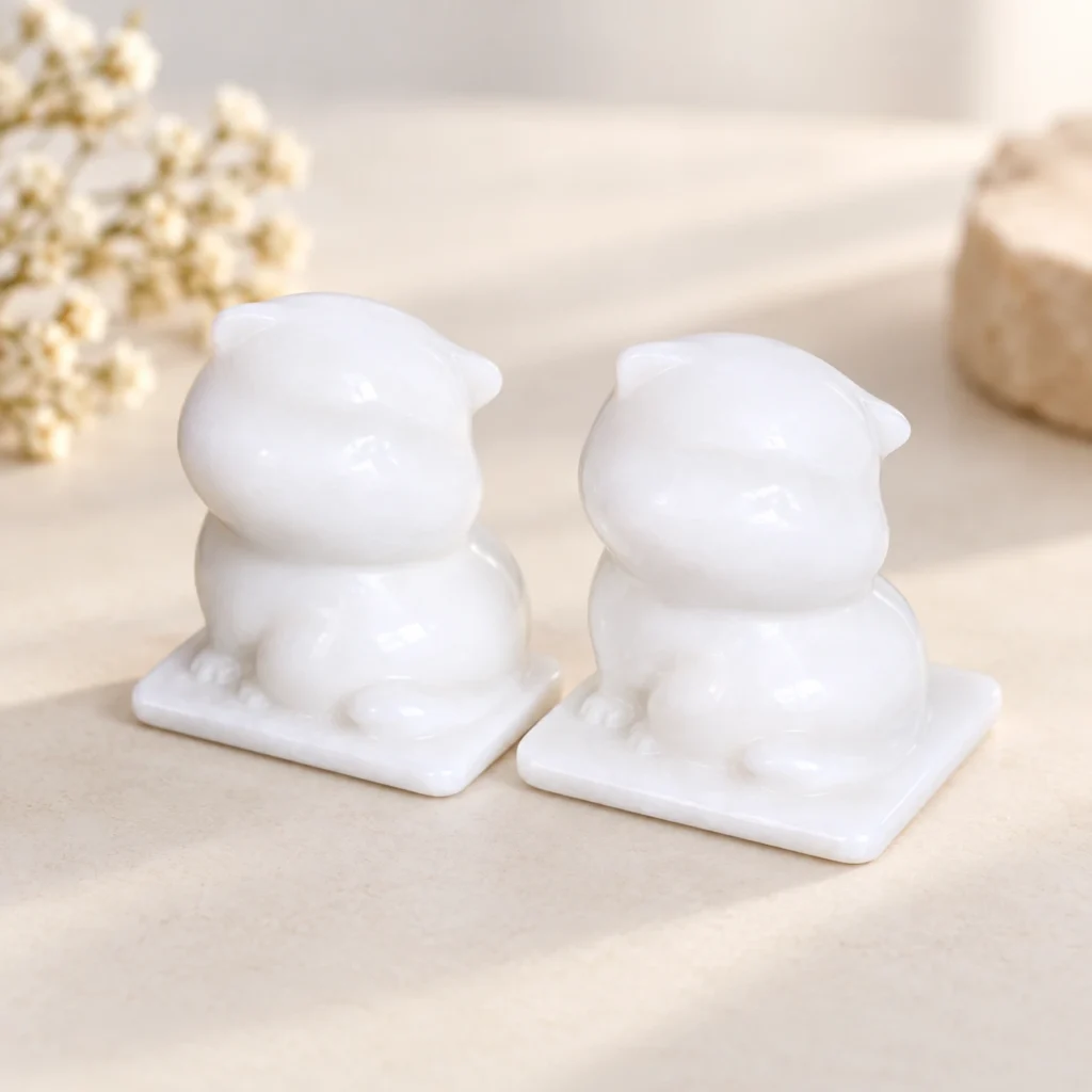 Pair of white marble cat crystal carvings on square bases arranged on a light minimalist tabletop