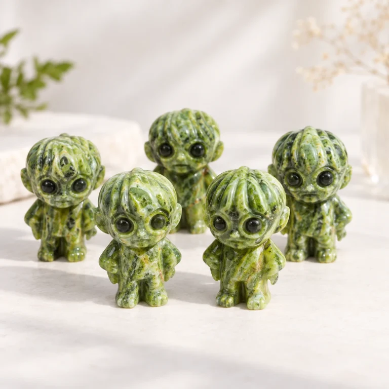 Green natural crystal wizard theme carvings arranged on a light minimalist tabletop
