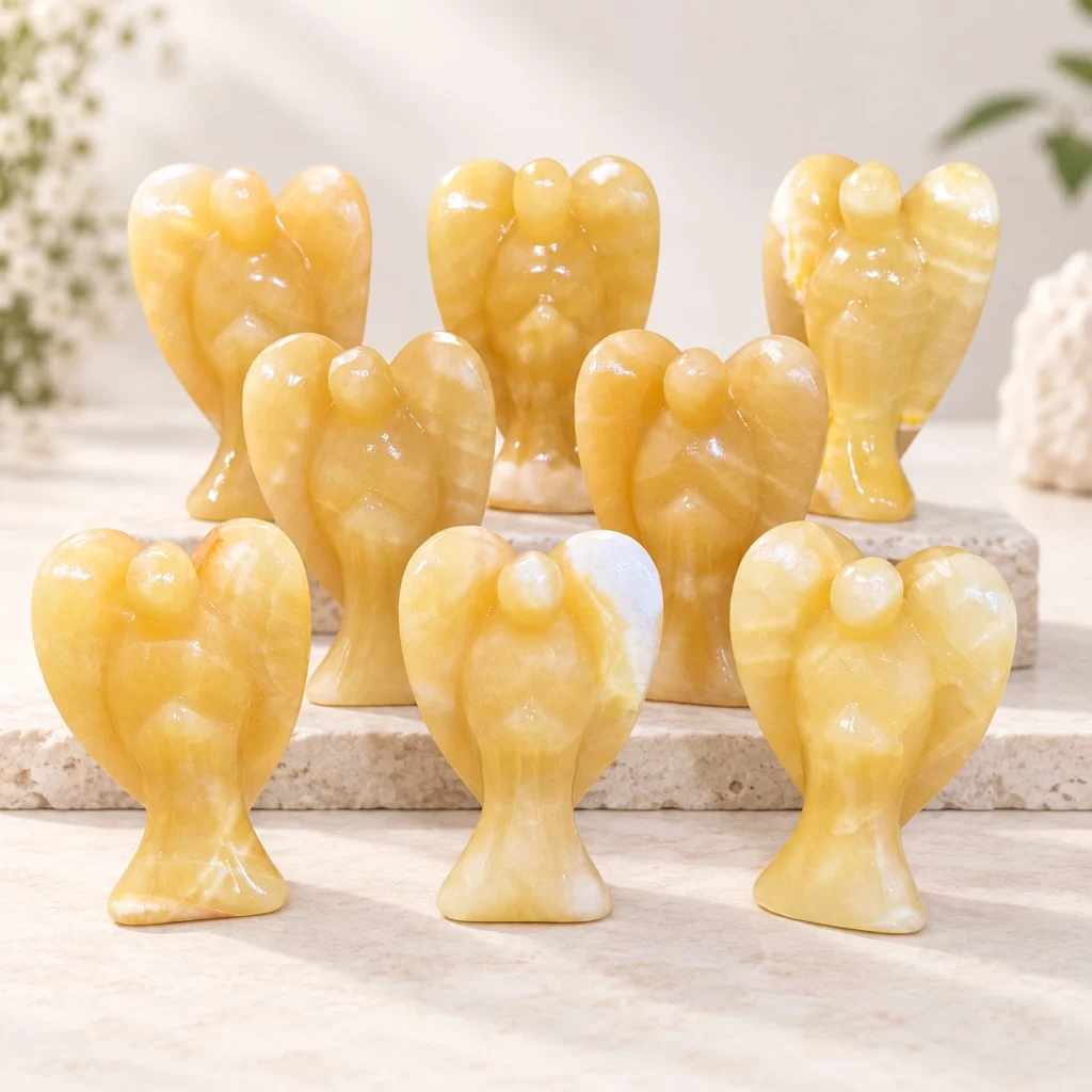 Yellow calcite angel crystal carvings with natural translucent banding on a light minimalist tabletop