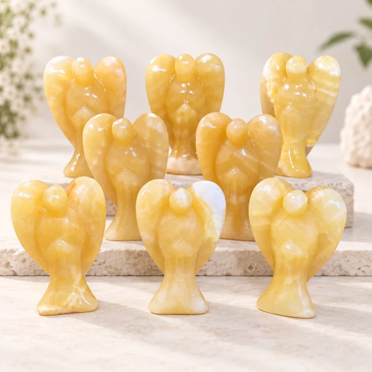 Yellow calcite angel crystal carvings with natural translucent banding on a light minimalist tabletop
