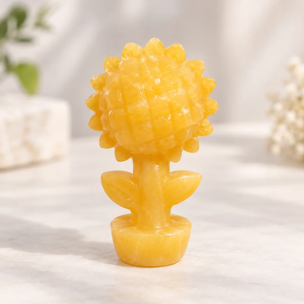 Yellow calcite sunflower crystal carving with detailed petals and leaves on a light minimalist tabletop
