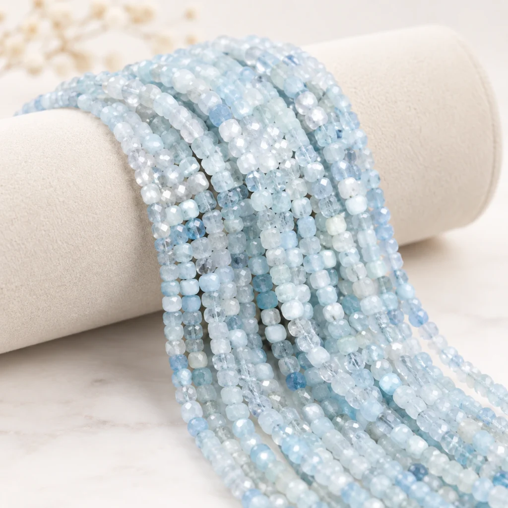 Wholesale Aquamarine 4mm Faceted Cube Bracelet Bead Strands