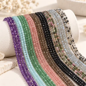 Assorted natural crystal 3mm faceted bracelet bead strands in multiple gemstone colors on a light display