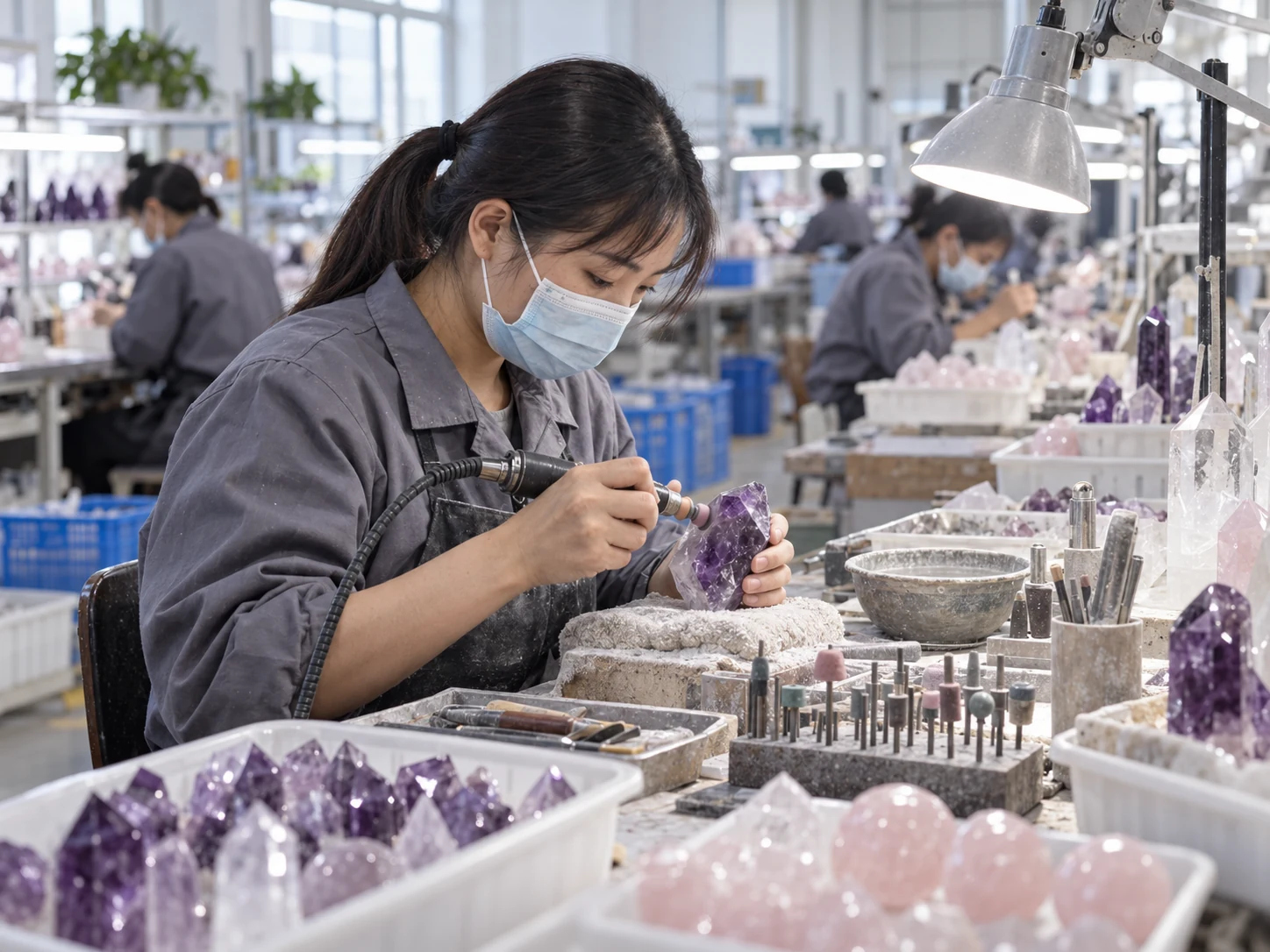 Worker carving and polishing an amethyst crystal in a bright gemstone workshop